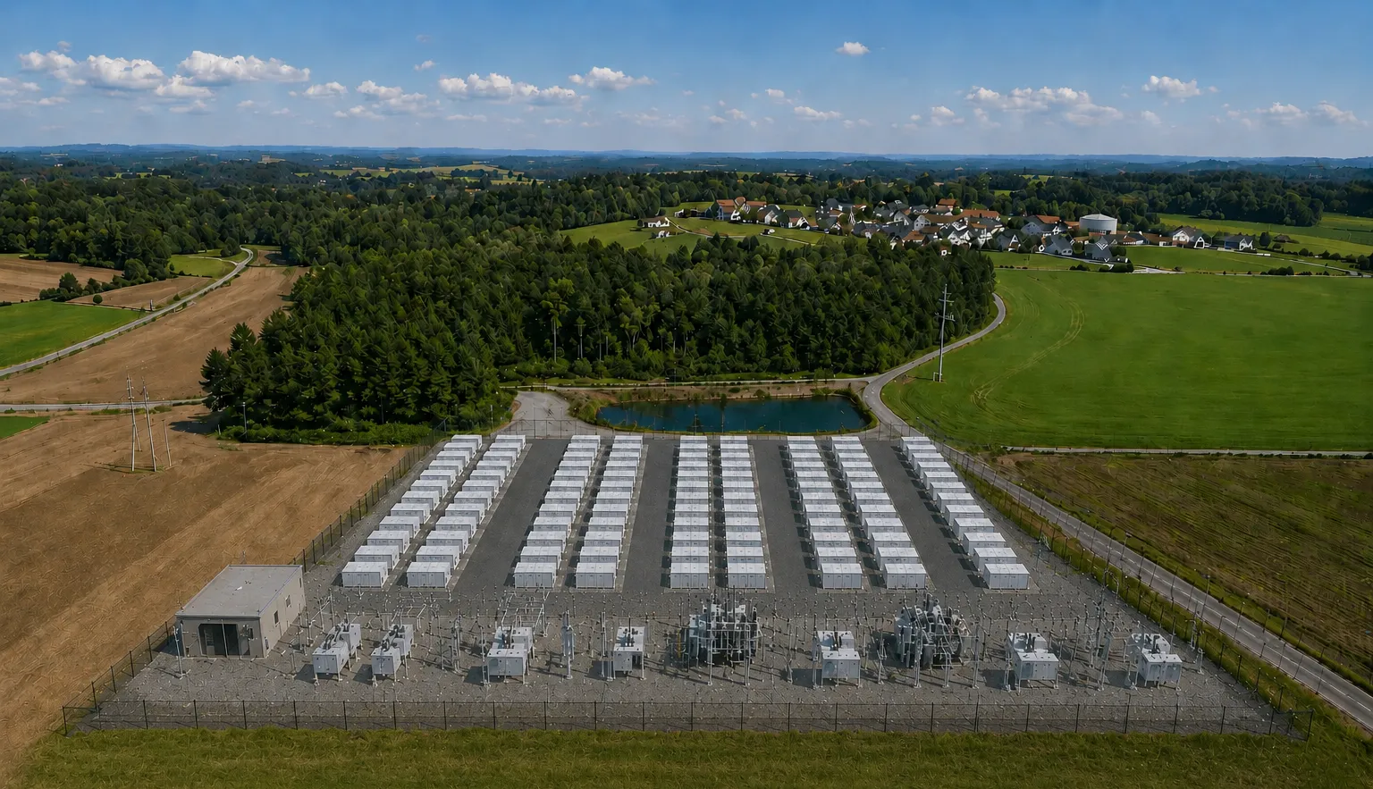 Beispielhafte Darstellung eines Großbatteriespeichers nahe einer Ortschaft