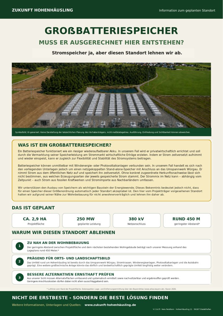 Vorderseite des Informationsflyers zum geplanten Großbatteriespeicher